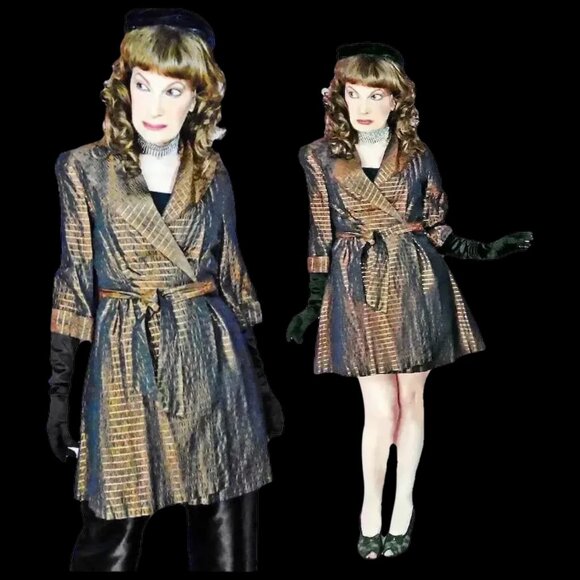 Vintage Evening Cover Copper Gold Metallic Mini Dress 40s Lounge Jacket - Picture 5 of 14